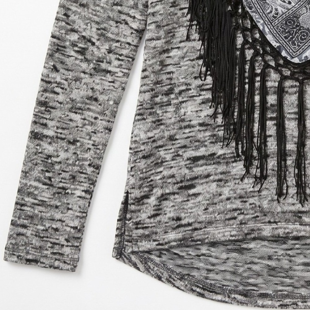 One World Fringe Scarf Top Womens Medium Gray Marled‎ Knit Boho Paisley Pullover - Picture 5 of 9